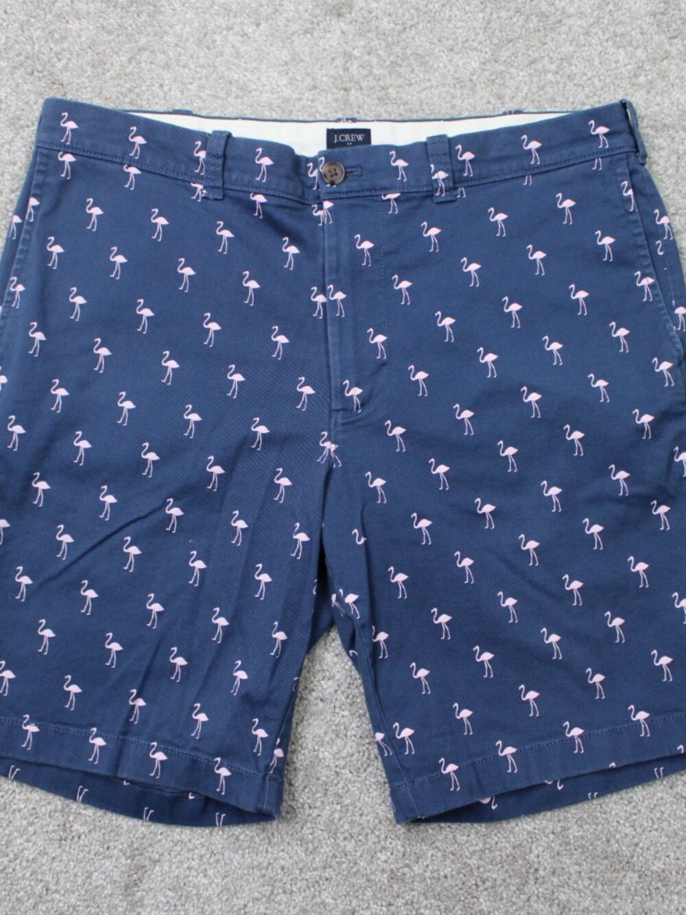 J. Crew AOP Chino Shorts Mens 34 Blue Flamingo All Over Print 9" Cotton Stretch